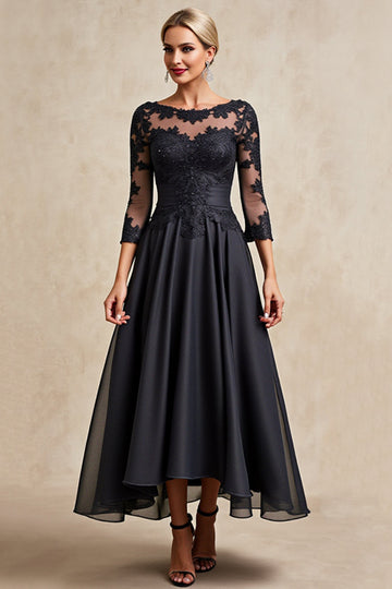 Preto Pescoço de Barco Linha-A Chiffon Longos Vestido Mae Noiva